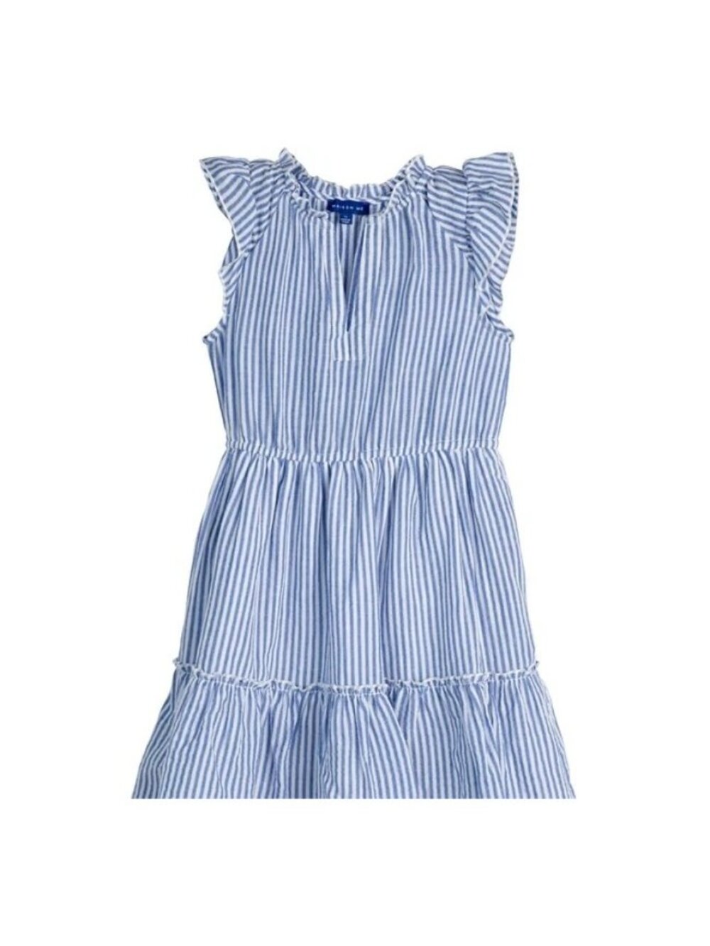 NWT Maison Me Maisonette Blue White Simone Stripe Seersucker Tiered Maxi Dress L